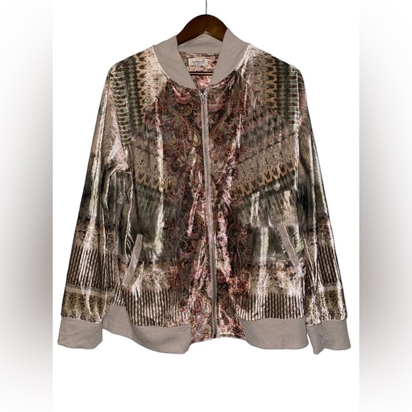 NEW One World Abstract Print Knit Full Zip Jacket Women XL Boho Mix Media - Picture 1 of 9